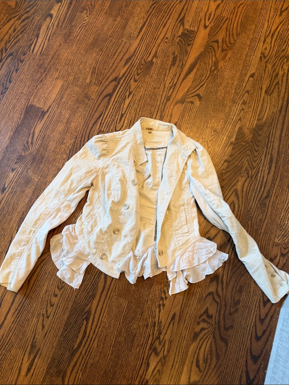Free People Cream Ruffled-Hem Jean Jacket